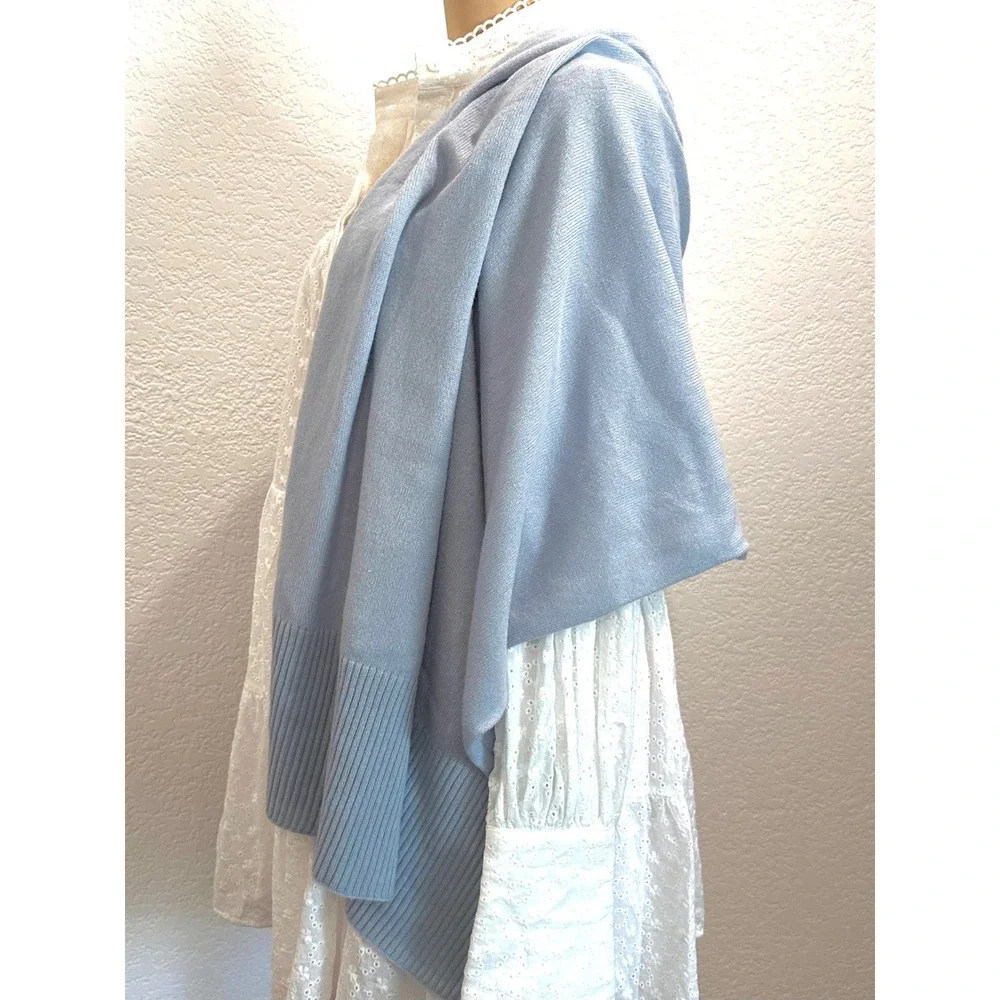 Halogen‎ 100% Cashmere Light Blue Ribbed Trim Wrap Scarf Shawl OS